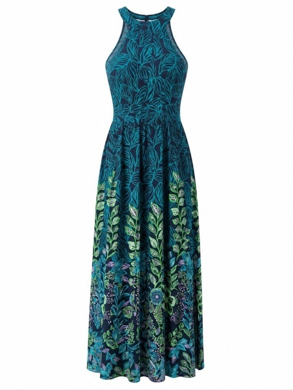 London Times Multi Print High Neck Maxi Dress with side Slit Black Aqua Sz 8 NWT
